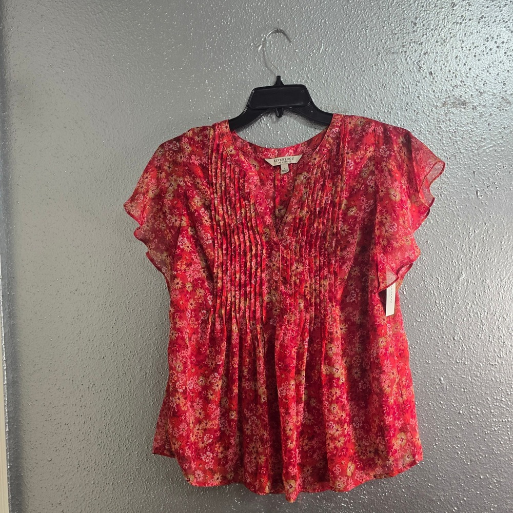 Liverpool Los Angeles Red Floral Flutter Sleeve Pleated Front Blouse Large NWT